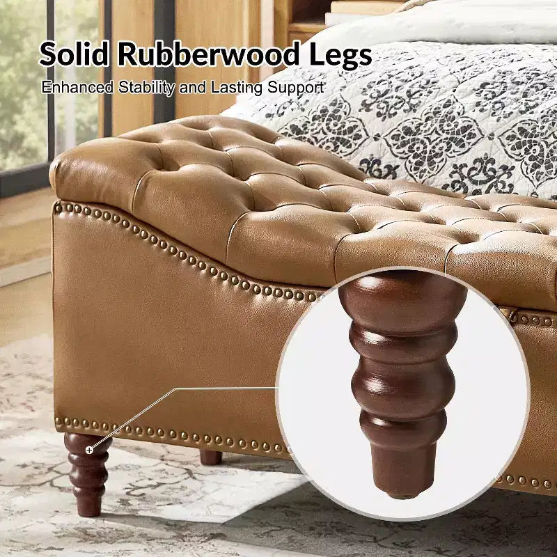Button-Tufted Bench with Hidden Storage and Nailhead Trim