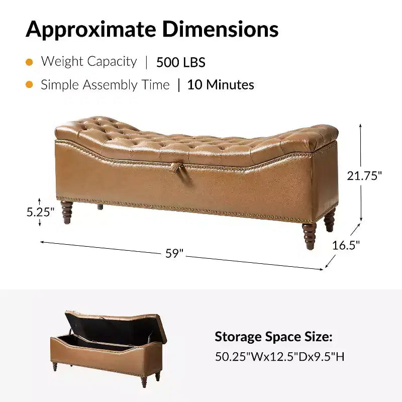 Button-Tufted Bench with Hidden Storage and Nailhead Trim