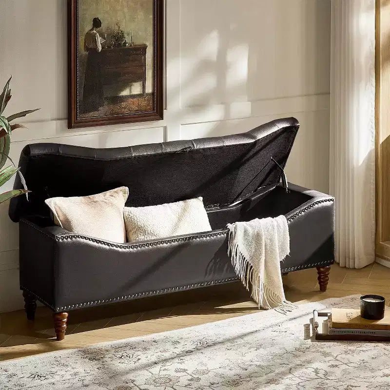 Button-Tufted Bench with Hidden Storage and Nailhead Trim