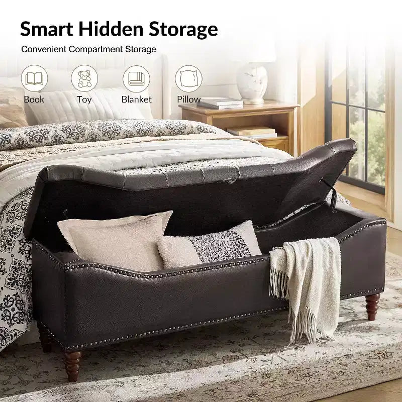 Button-Tufted Bench with Hidden Storage and Nailhead Trim