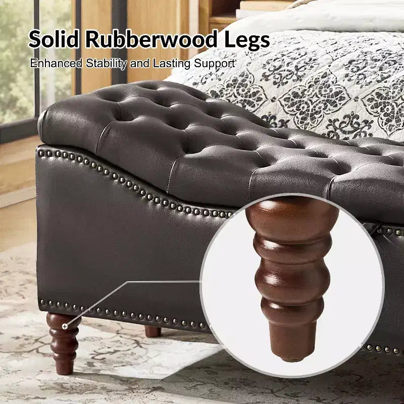 Button-Tufted Bench with Hidden Storage and Nailhead Trim