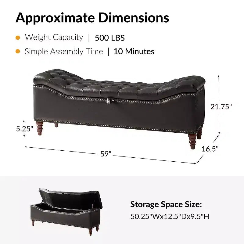 Button-Tufted Bench with Hidden Storage and Nailhead Trim