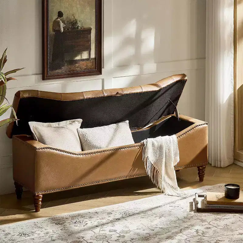 Button-Tufted Bench with Hidden Storage and Nailhead Trim