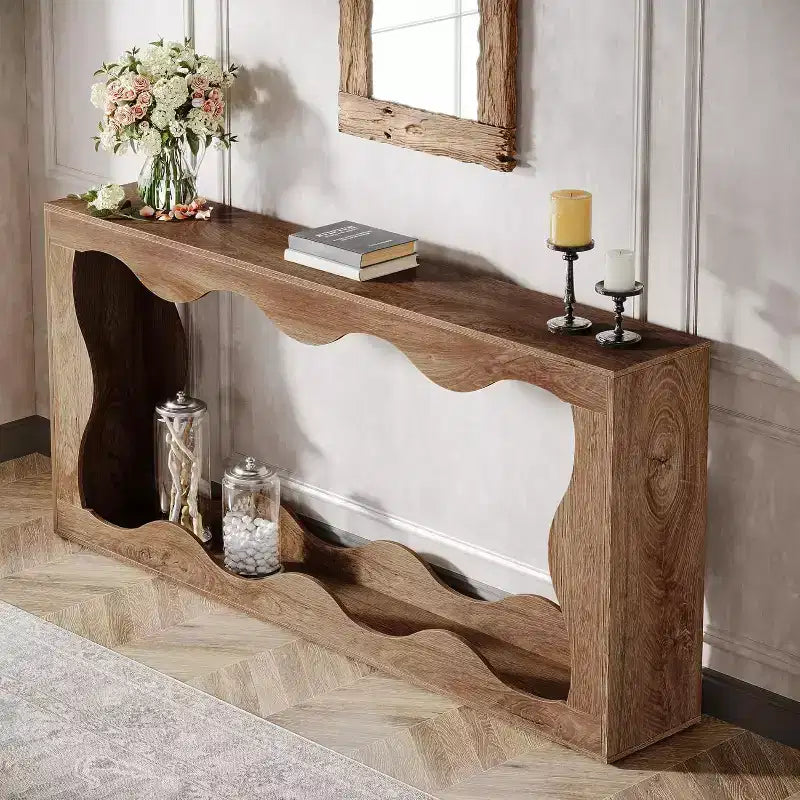 63-Inch Console Table with Dual-Tier Storage and Wavy Edge