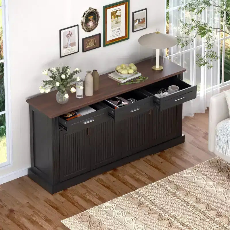 63-Inch Fluted Sideboard with 4 Doors and 3 Drawers