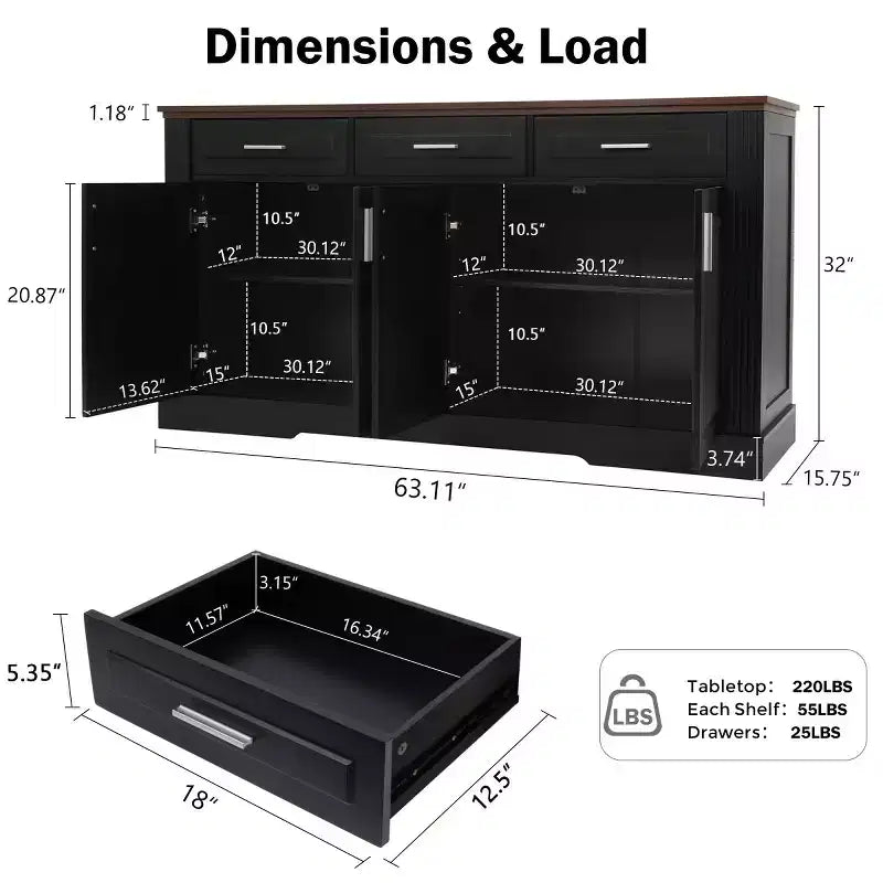 63-Inch Fluted Sideboard with 4 Doors and 3 Drawers