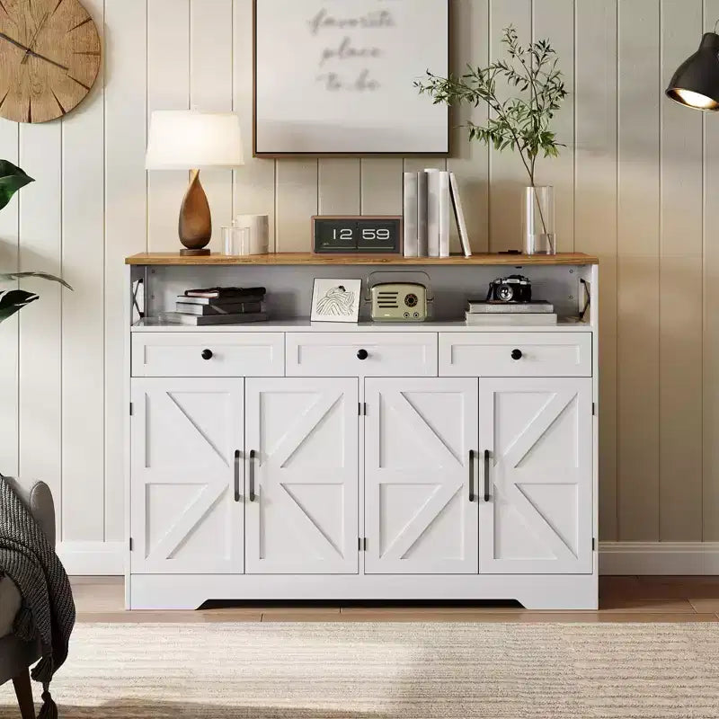 51" Farmhouse Buffet Cabinet with Drawers, Open Shelf & Charging Station