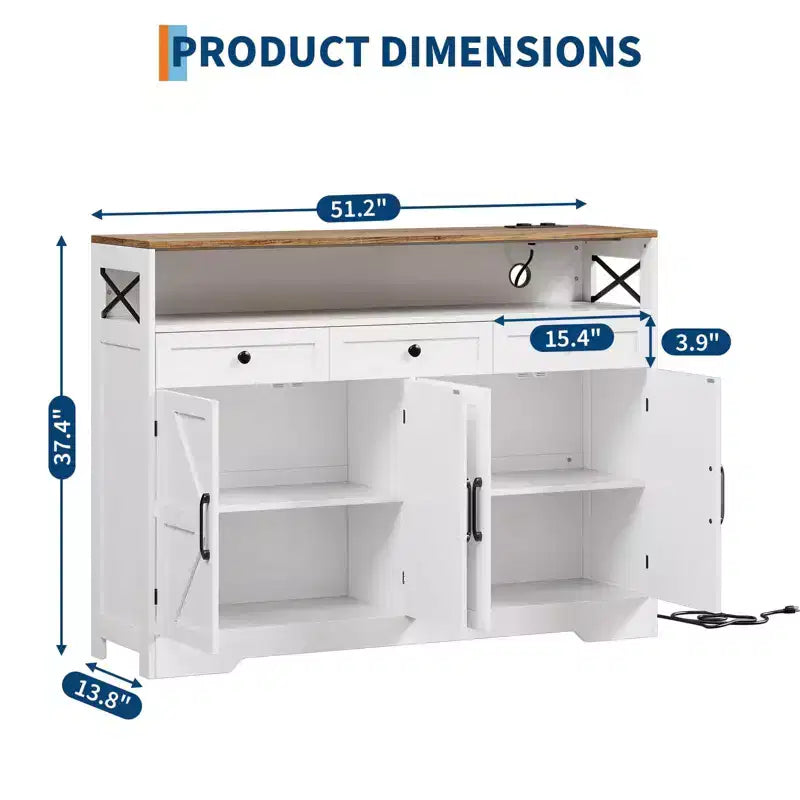 51" Farmhouse Buffet Cabinet with Drawers, Open Shelf & Charging Station