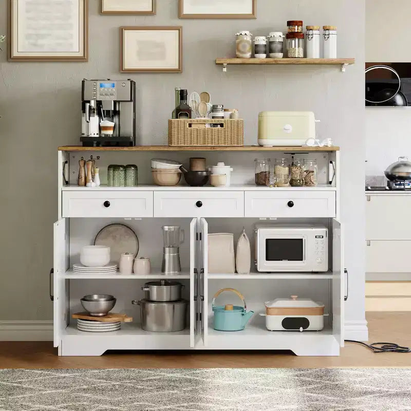 51" Farmhouse Buffet Cabinet with Drawers, Open Shelf & Charging Station
