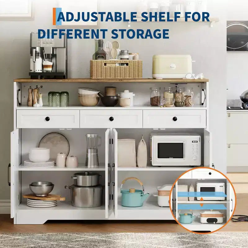 51" Farmhouse Buffet Cabinet with Drawers, Open Shelf & Charging Station
