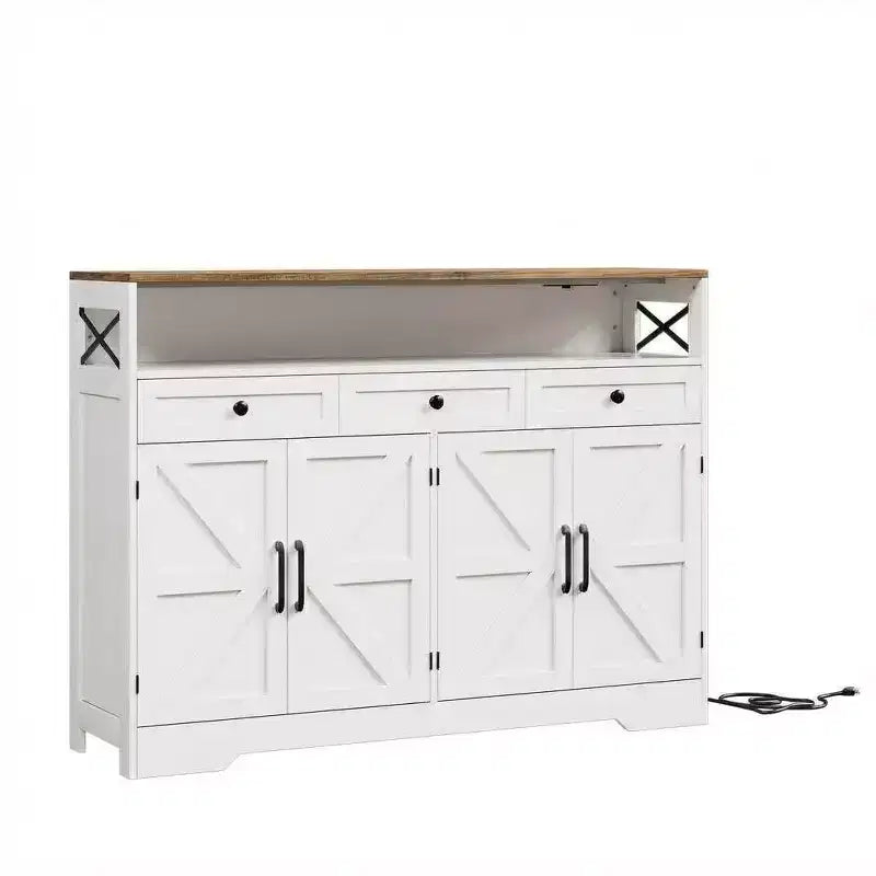 51" Farmhouse Buffet Cabinet with Drawers, Open Shelf & Charging Station