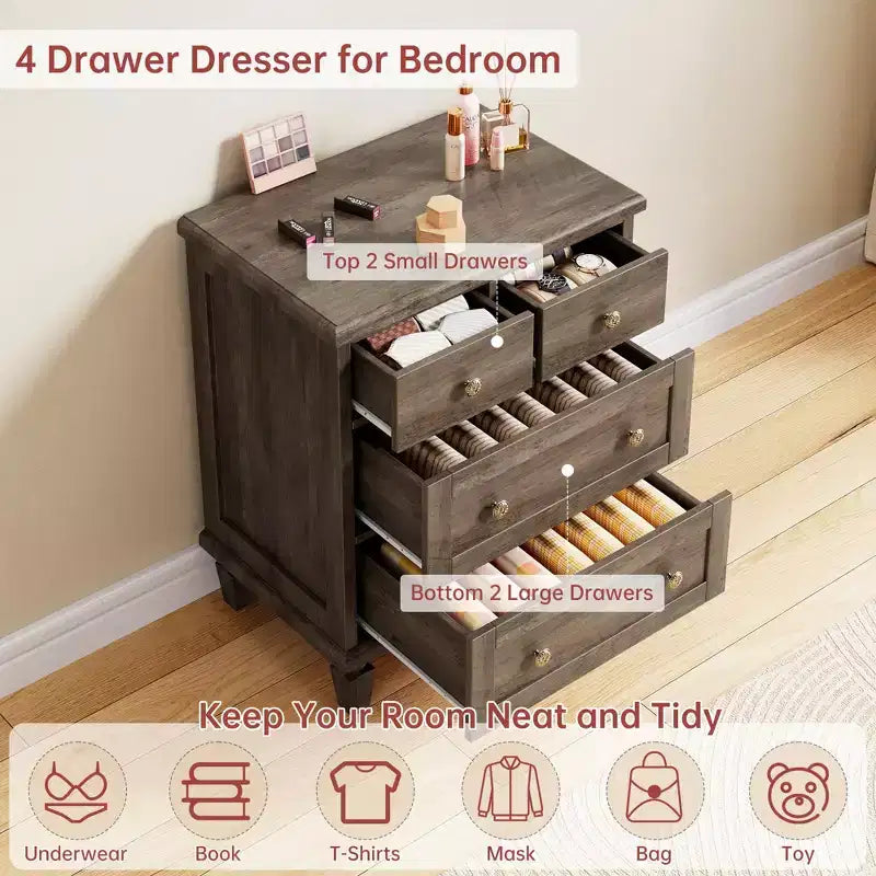 4-Drawer Dresser with Tapered Legs and Distressed Finish