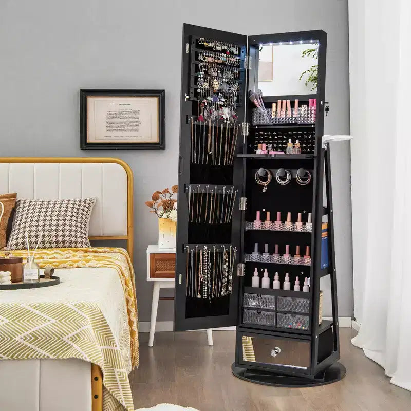 360-Swivel Jewelry Cabinet with Mirror and LED Lights