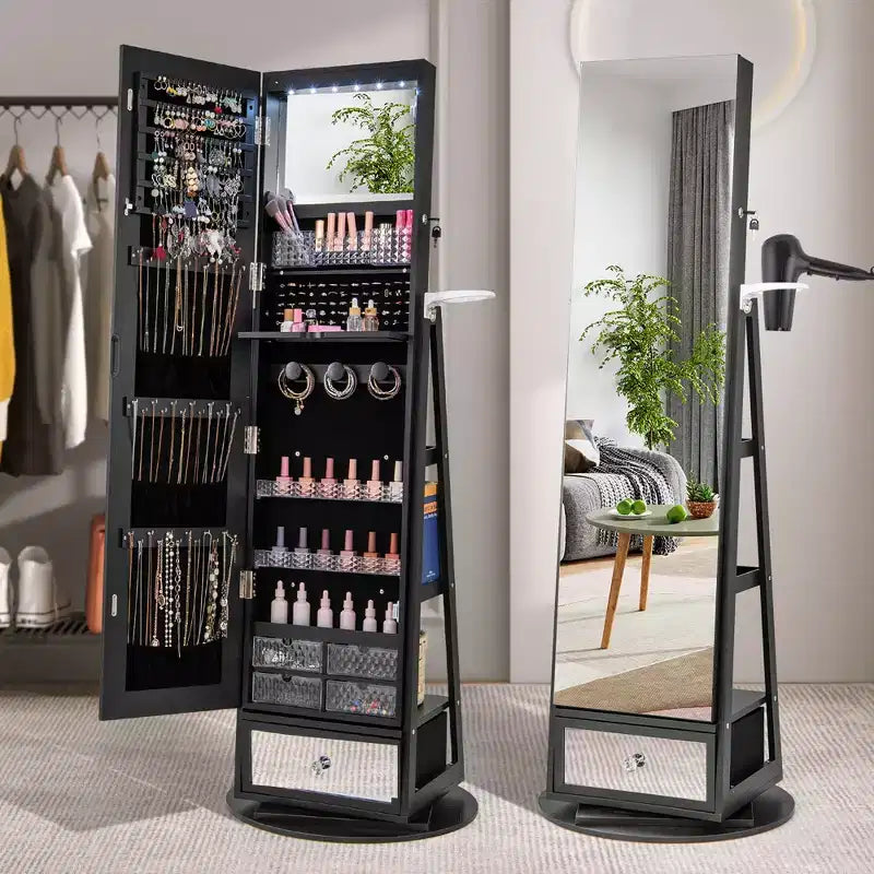 360-Swivel Jewelry Cabinet with Mirror and LED Lights