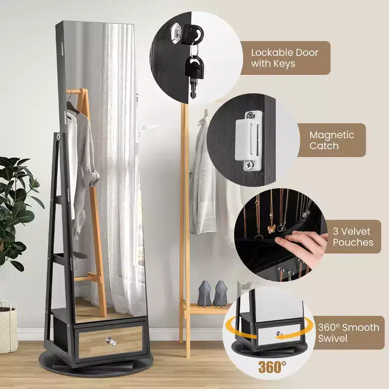 360-Swivel Jewelry Cabinet with Mirror and LED Lights