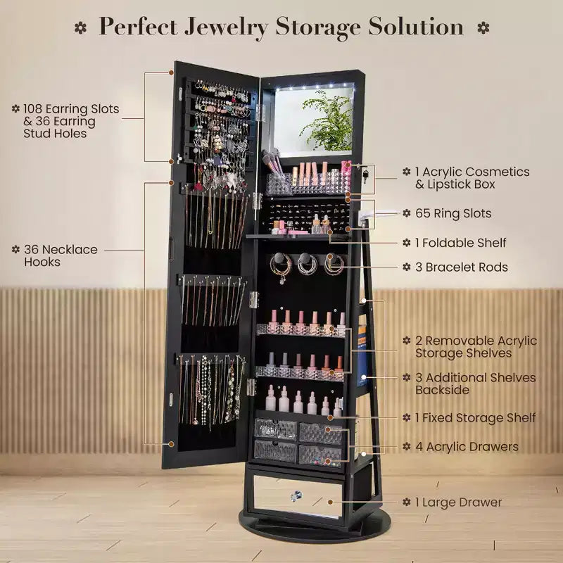 360-Swivel Jewelry Cabinet with Mirror and LED Lights