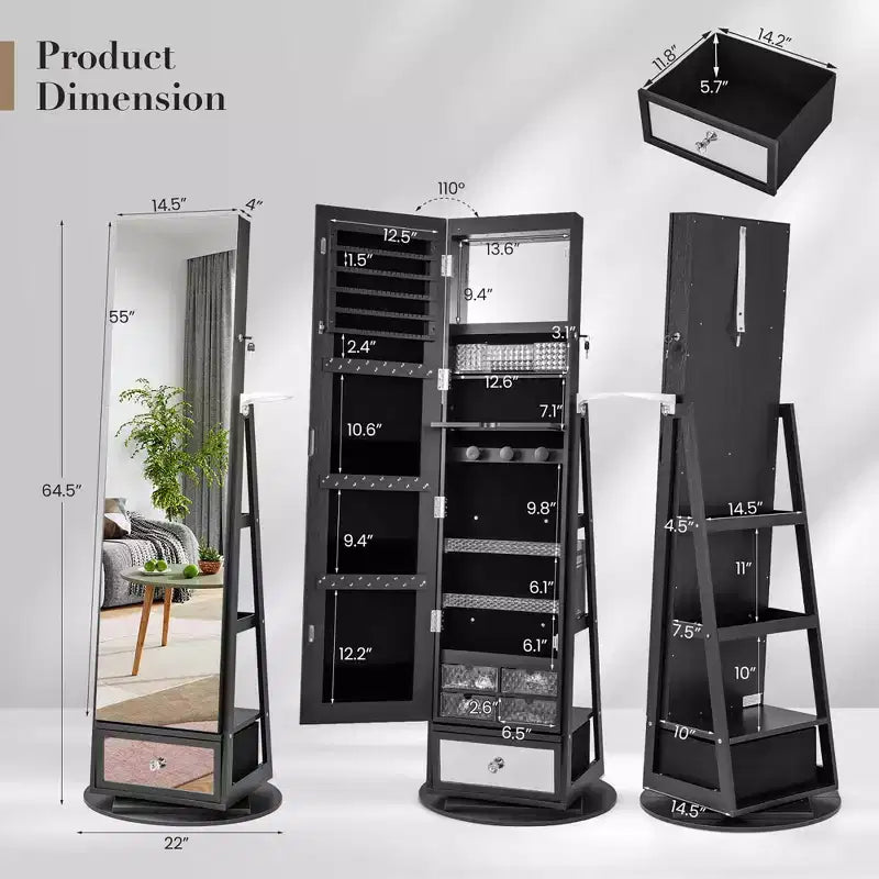 360-Swivel Jewelry Cabinet with Mirror and LED Lights
