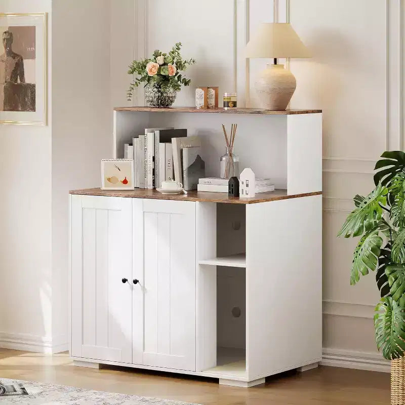 Cat Litter Box Enclosure Cabinet with Open Storage Shelf