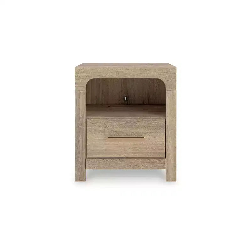 Comodino con cassetto, ripiano aperto e porte USB per la ricarica