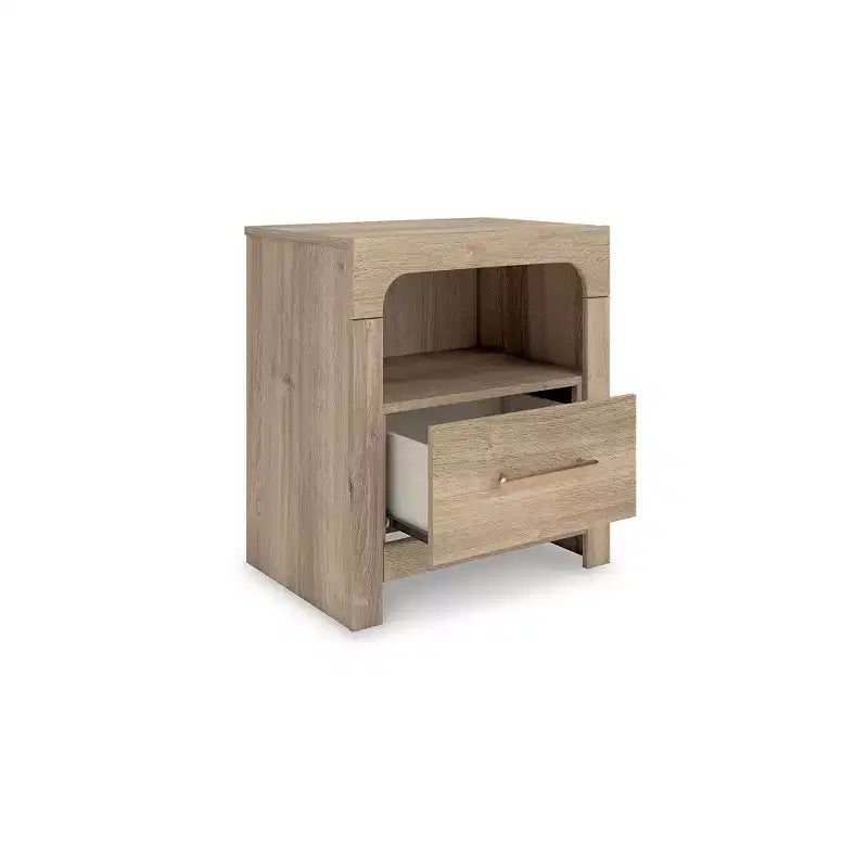 Comodino con cassetto, ripiano aperto e porte USB per la ricarica