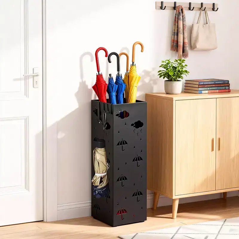 Steel Umbrella Stand with Drip Tray and Removable Hook