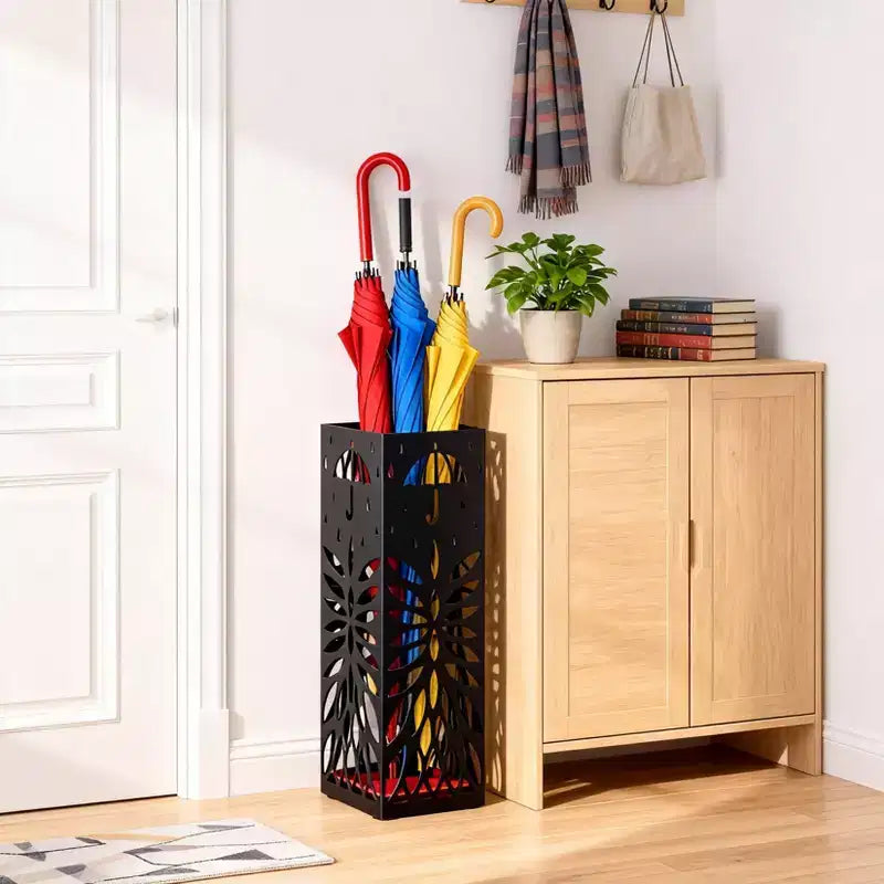 Steel Umbrella Stand with Drip Tray and Removable Hook