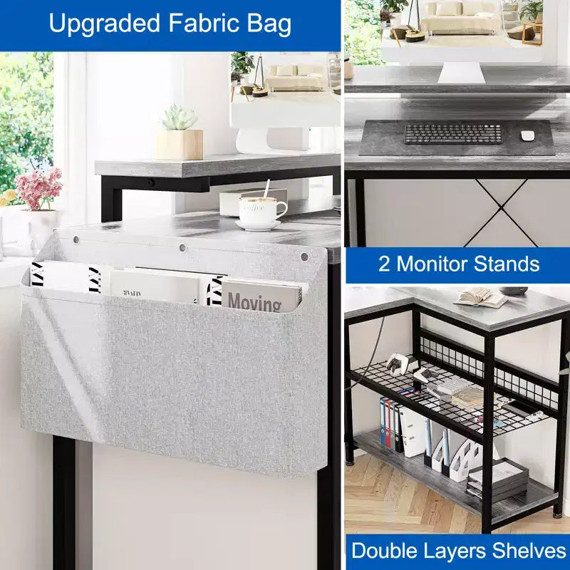 L-Shaped Reversible Corner Desk with Monitor Stand and LED Strip