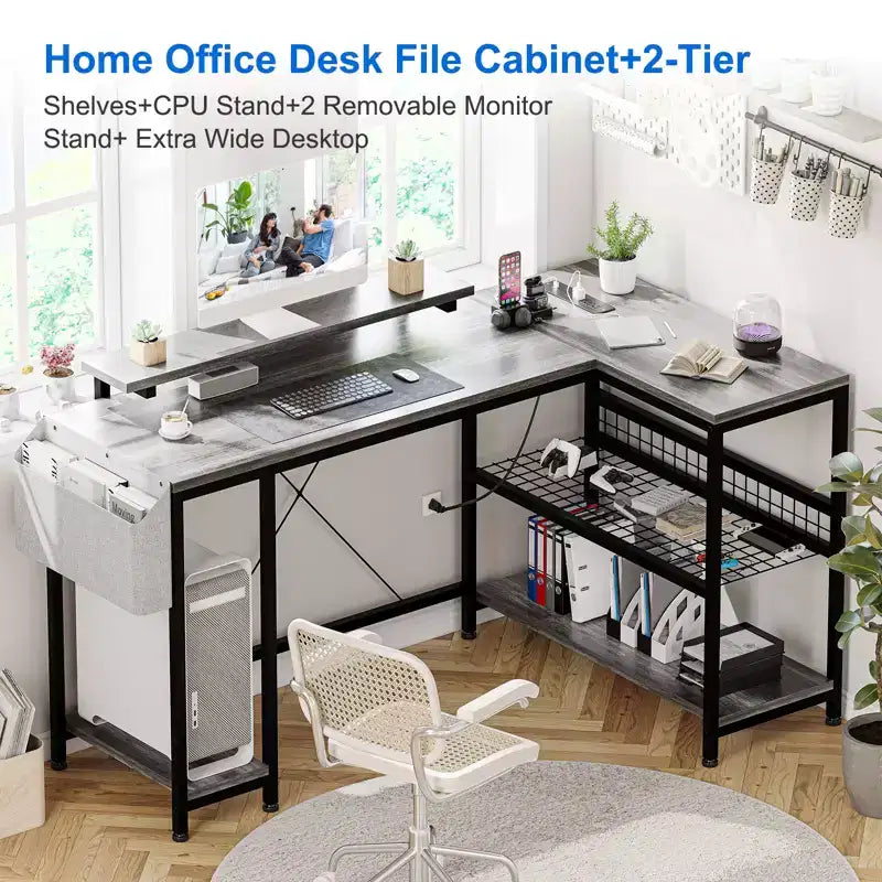 L-Shaped Reversible Corner Desk with Monitor Stand and LED Strip