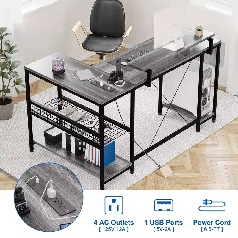 L-Shaped Reversible Corner Desk with Monitor Stand and LED Strip