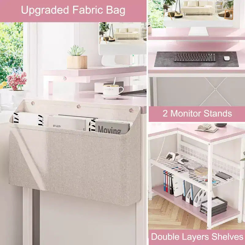 L-Shaped Reversible Corner Desk with Monitor Stand and LED Strip