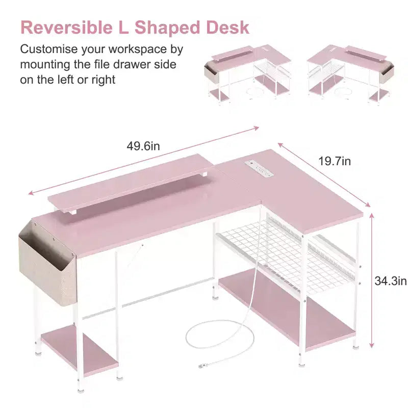 L-Shaped Reversible Corner Desk with Monitor Stand and LED Strip