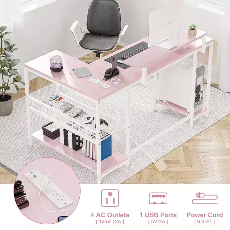 L-Shaped Reversible Corner Desk with Monitor Stand and LED Strip