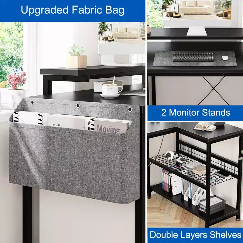 L-Shaped Reversible Corner Desk with Monitor Stand and LED Strip
