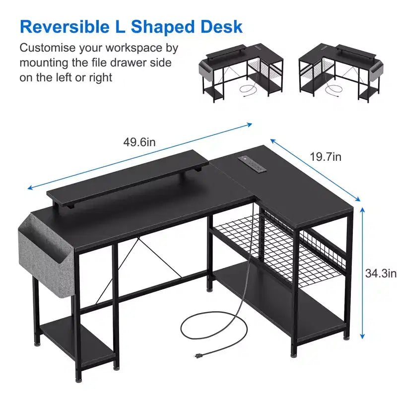 L-Shaped Reversible Corner Desk with Monitor Stand and LED Strip
