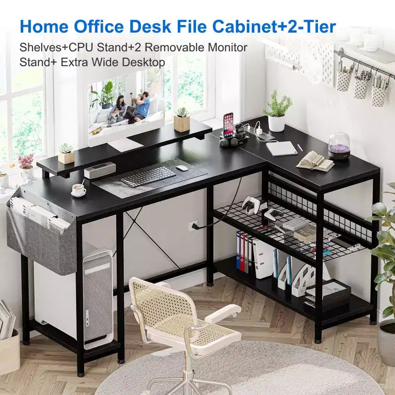 L-Shaped Reversible Corner Desk with Monitor Stand and LED Strip