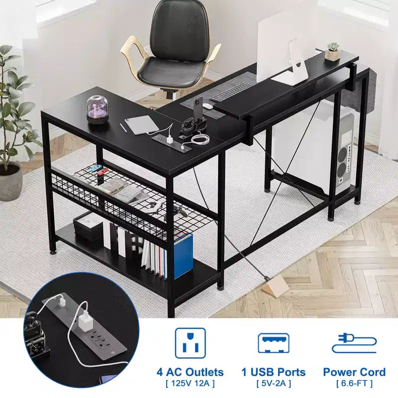 L-Shaped Reversible Corner Desk with Monitor Stand and LED Strip