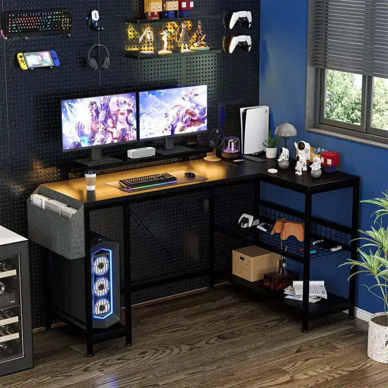 L-Shaped Reversible Corner Desk with Monitor Stand and LED Strip