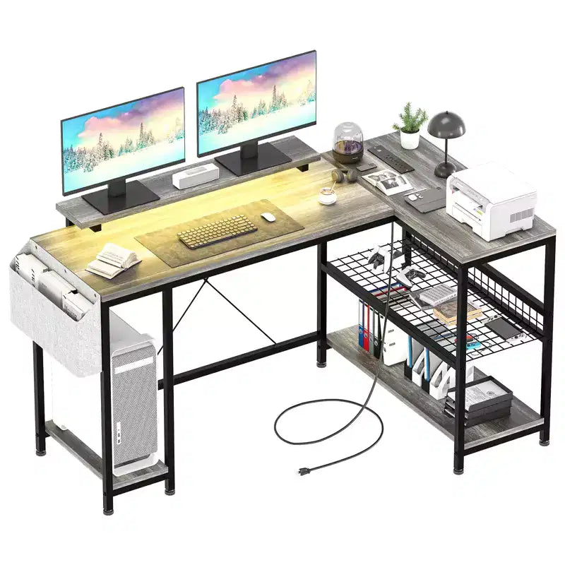 L-Shaped Reversible Corner Desk with Monitor Stand and LED Strip