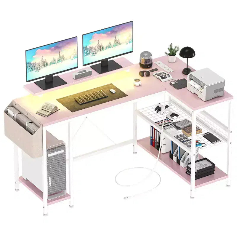 L-Shaped Reversible Corner Desk with Monitor Stand and LED Strip