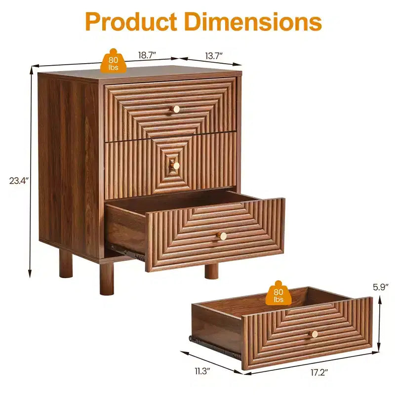 3-Drawer Nightstand with Wood Grain Finish and Solid Legs