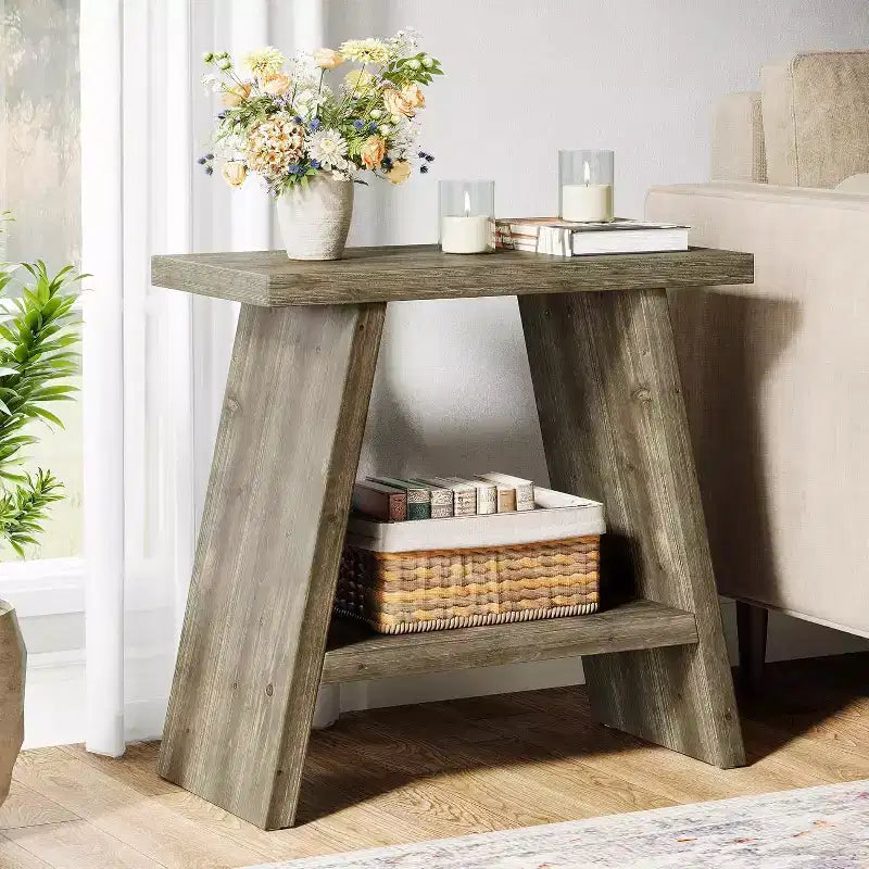 Solid Wood Side Table with Two-Tier Storage and Trapezoidal Frame