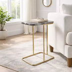 C-Shaped Metal Side Table with Polished Stone Top