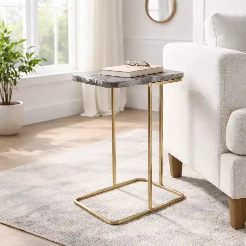 C-Shaped Metal Side Table with Polished Stone Top