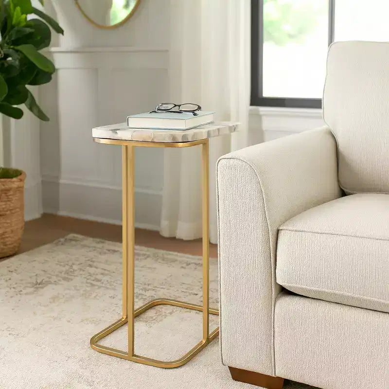 C-Shaped Metal Side Table with Polished Stone Top