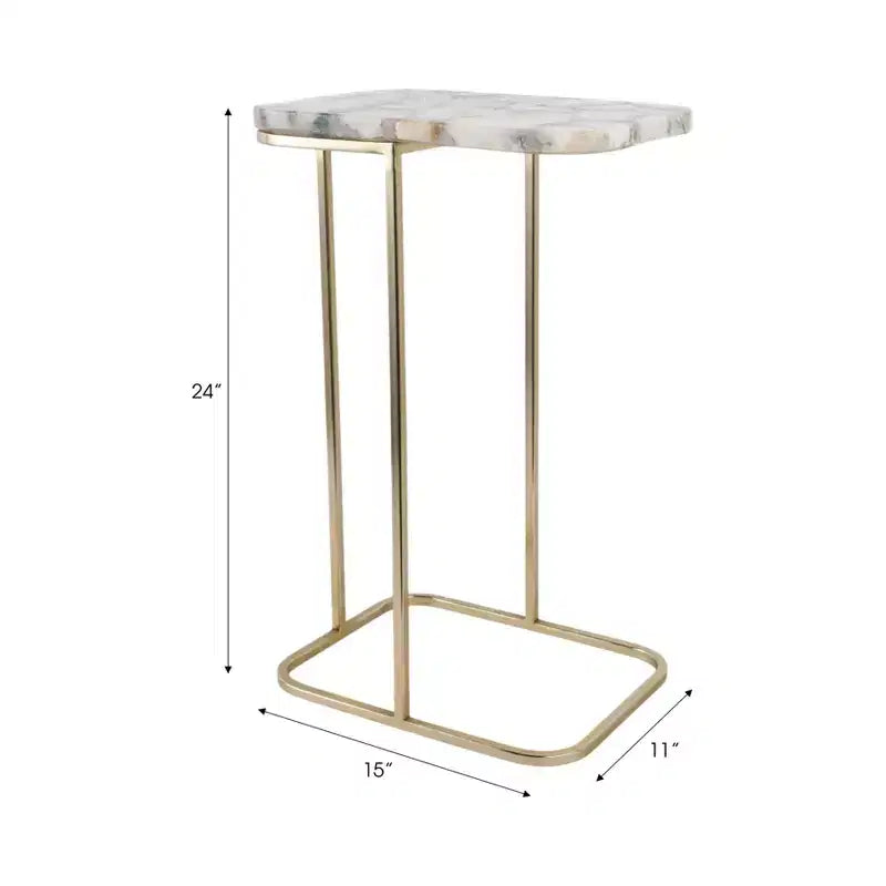 C-Shaped Metal Side Table with Polished Stone Top