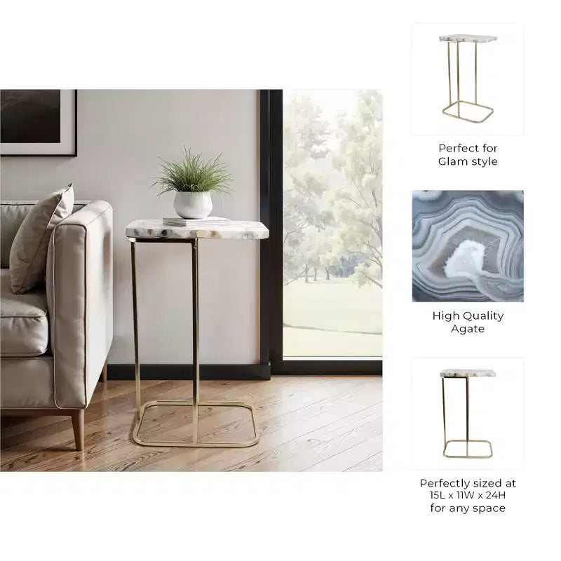 C-Shaped Metal Side Table with Polished Stone Top