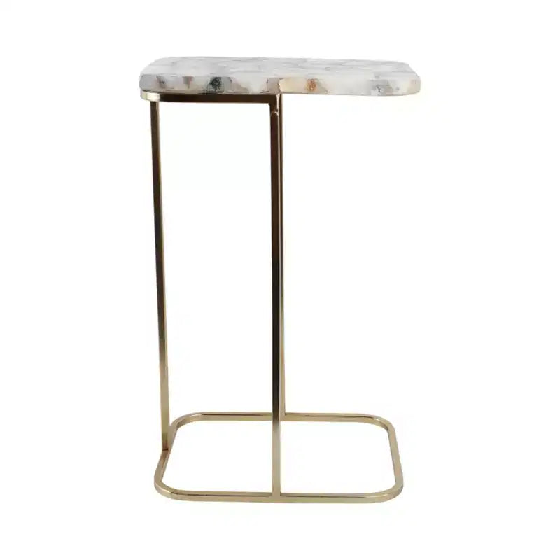 C-Shaped Metal Side Table with Polished Stone Top