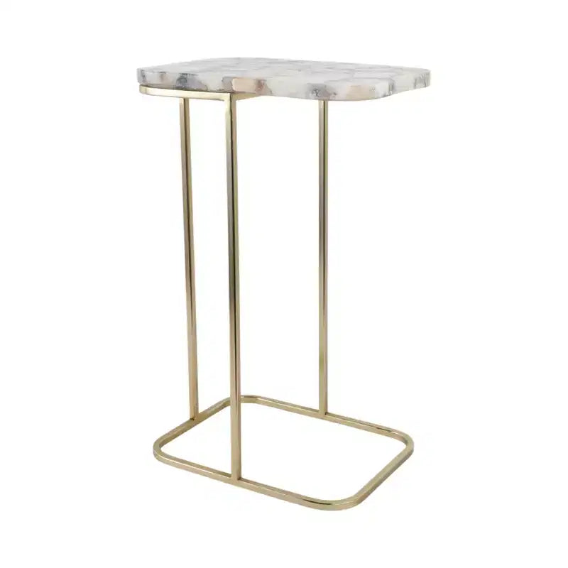 C-Shaped Metal Side Table with Polished Stone Top