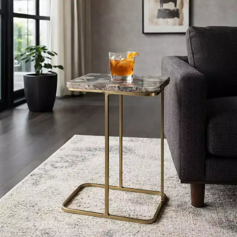 C-Shaped Metal Side Table with Polished Stone Top
