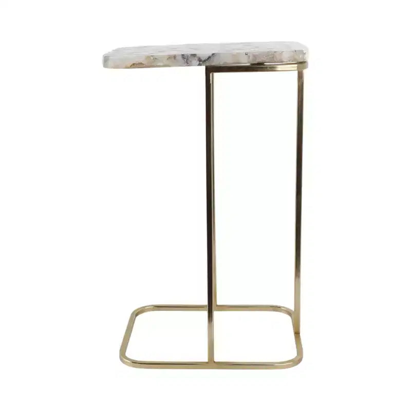 C-Shaped Metal Side Table with Polished Stone Top